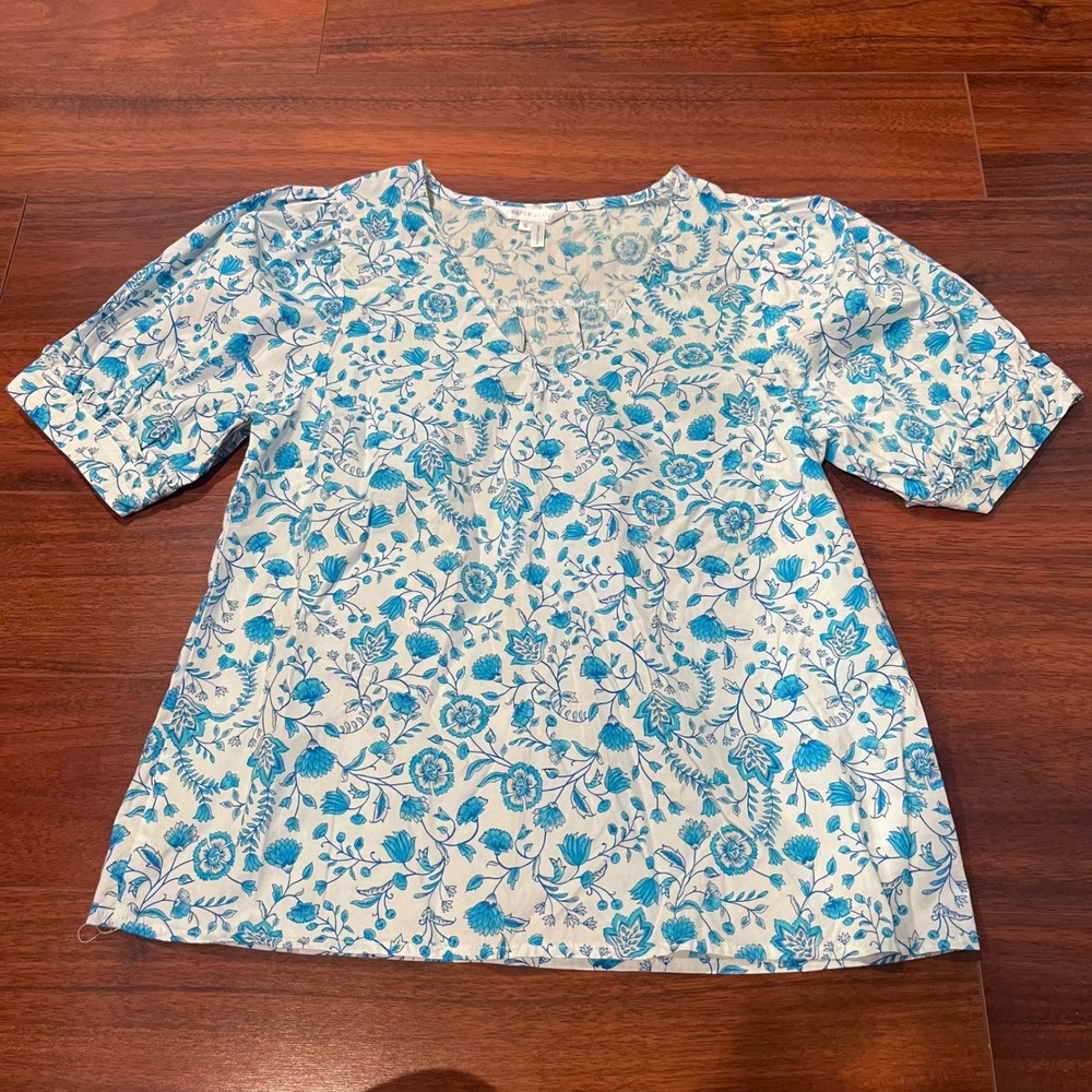 Draper James Blue White Floral Cotton V-Neck Puff Sleeve Blouse Top Small